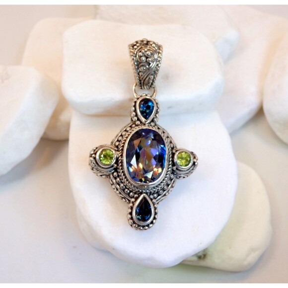 SARDA Bali Signed Sterling Silver Mystic Topaz-Peridot-London Topaz Pendant - Picture 5 of 12